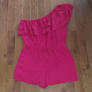 LOFT Fuchsia Ruffled One-Shoulder Woman's Romper